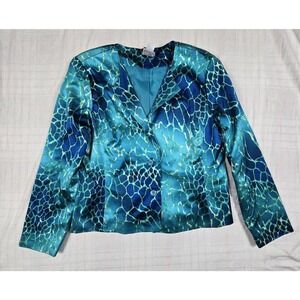 Russell Scott Signature Womens Neon Blue Green 100% Silk Blazer Jacket 16 VTG